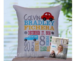2 cars - Birth Announcement Pillow  (Today show's Dylan Dryer's son's pillow!)